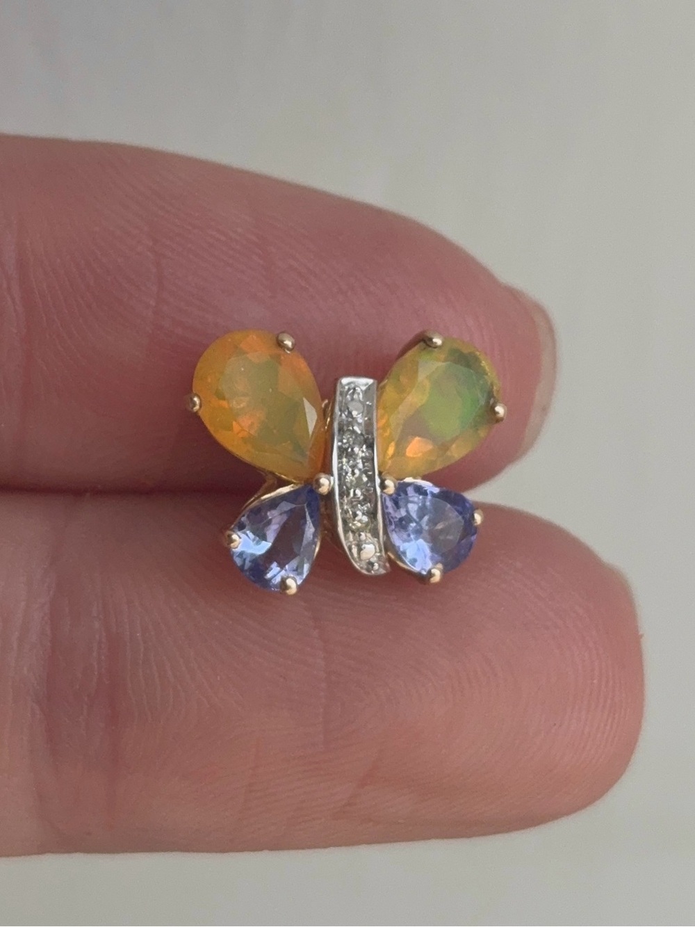 10k Yellow Gold Diamond Ethiopian Opal Tanzanite Gemstone Butterfly Pendant